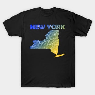 Colorful mandala art map of New York with text in blue and yellow T-Shirt